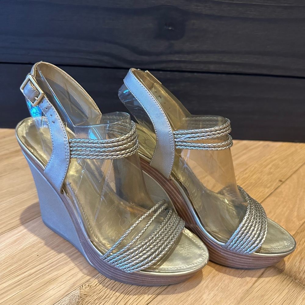 BCBG talk wedge scrappy sandals. Very disco! So much fun!